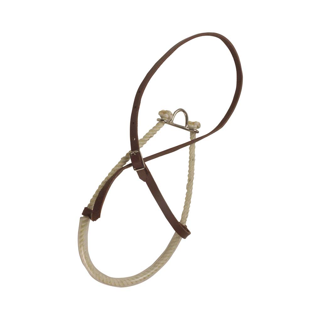Cabeçada para cavalo com corda branca e tiras de pele castanha