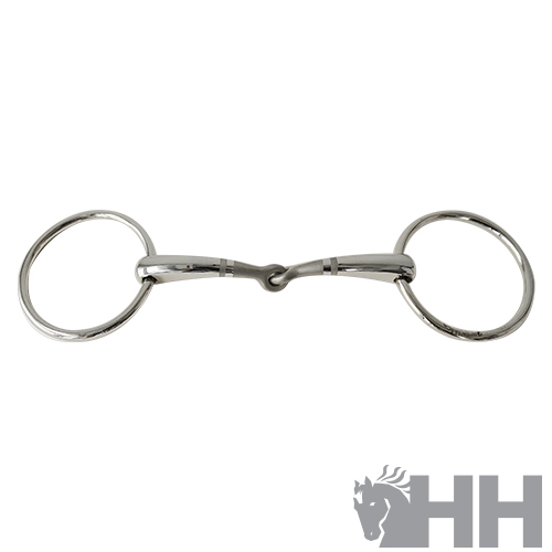 Freio simples metálico prateado com argolas circulares sobre fundo branco e logótipo HH