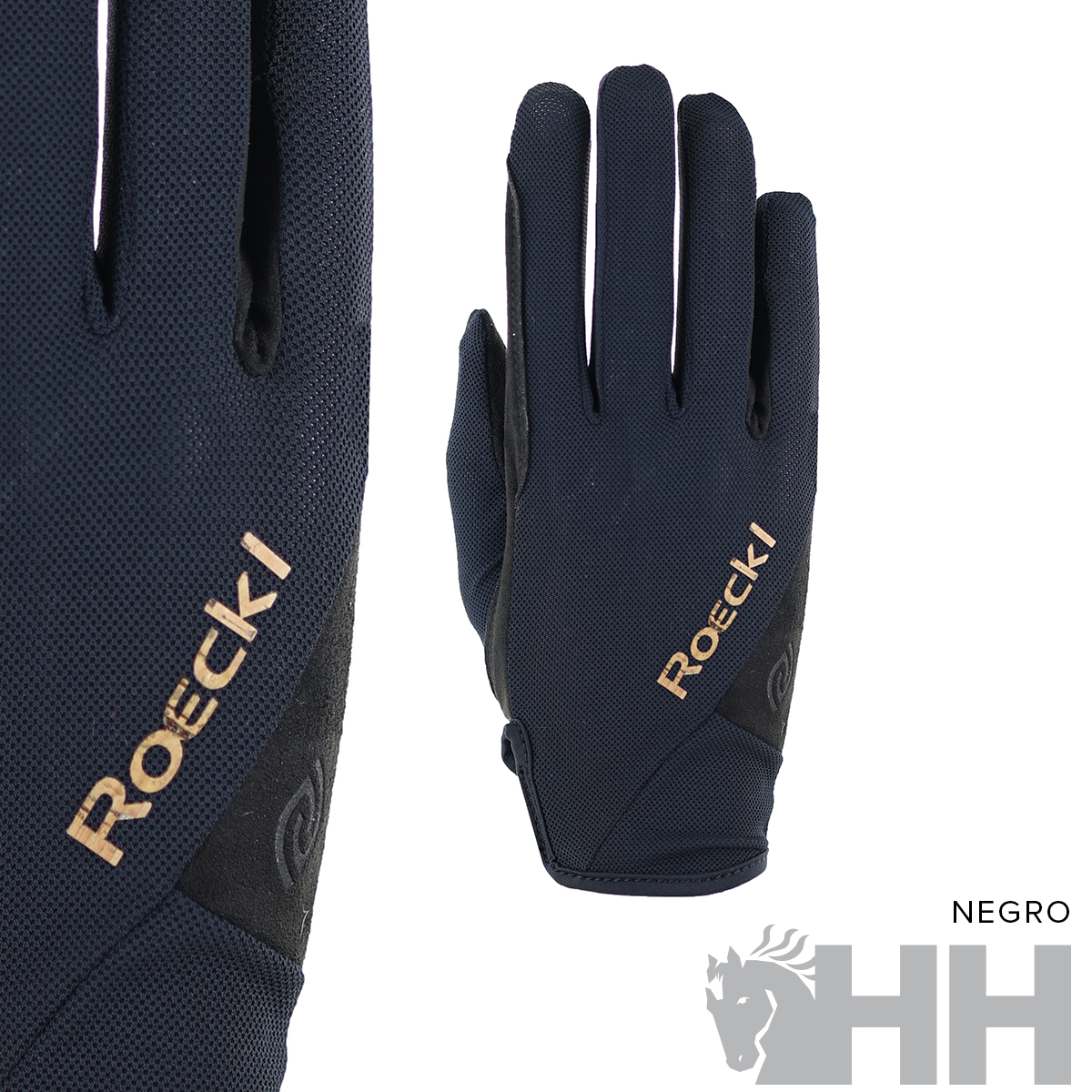 Luvas pretas têxteis com logo 'Roeckl' dourado