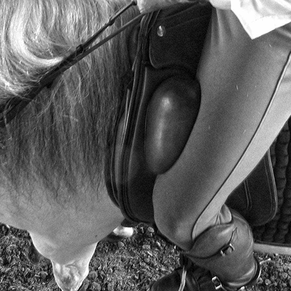 Cavaleiro montado em cavalo com sela de couro preto e botas de equitação.
