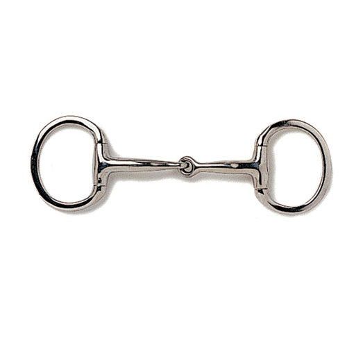 Freio de metal prateado para cavalo com duas argolas e barra central articulada