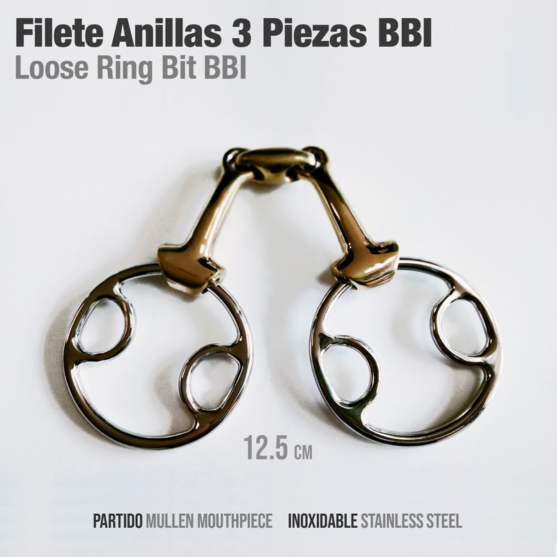 Acessório metálico para equitação com três peças e anilhas, texto descritivo em português e inglês