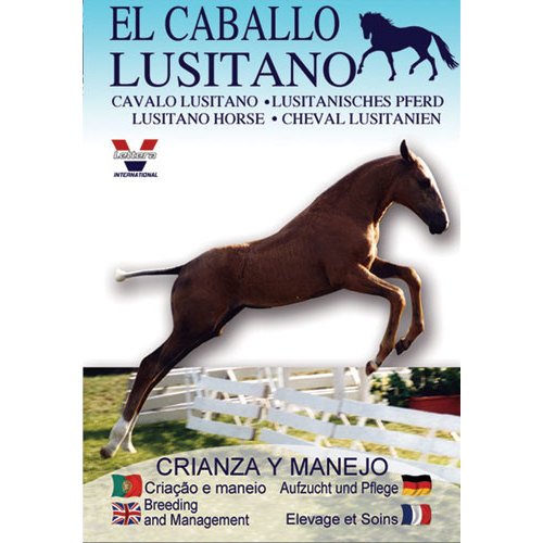 Capa de livro com cavalo Lusitano saltando vedação e texto em várias línguas