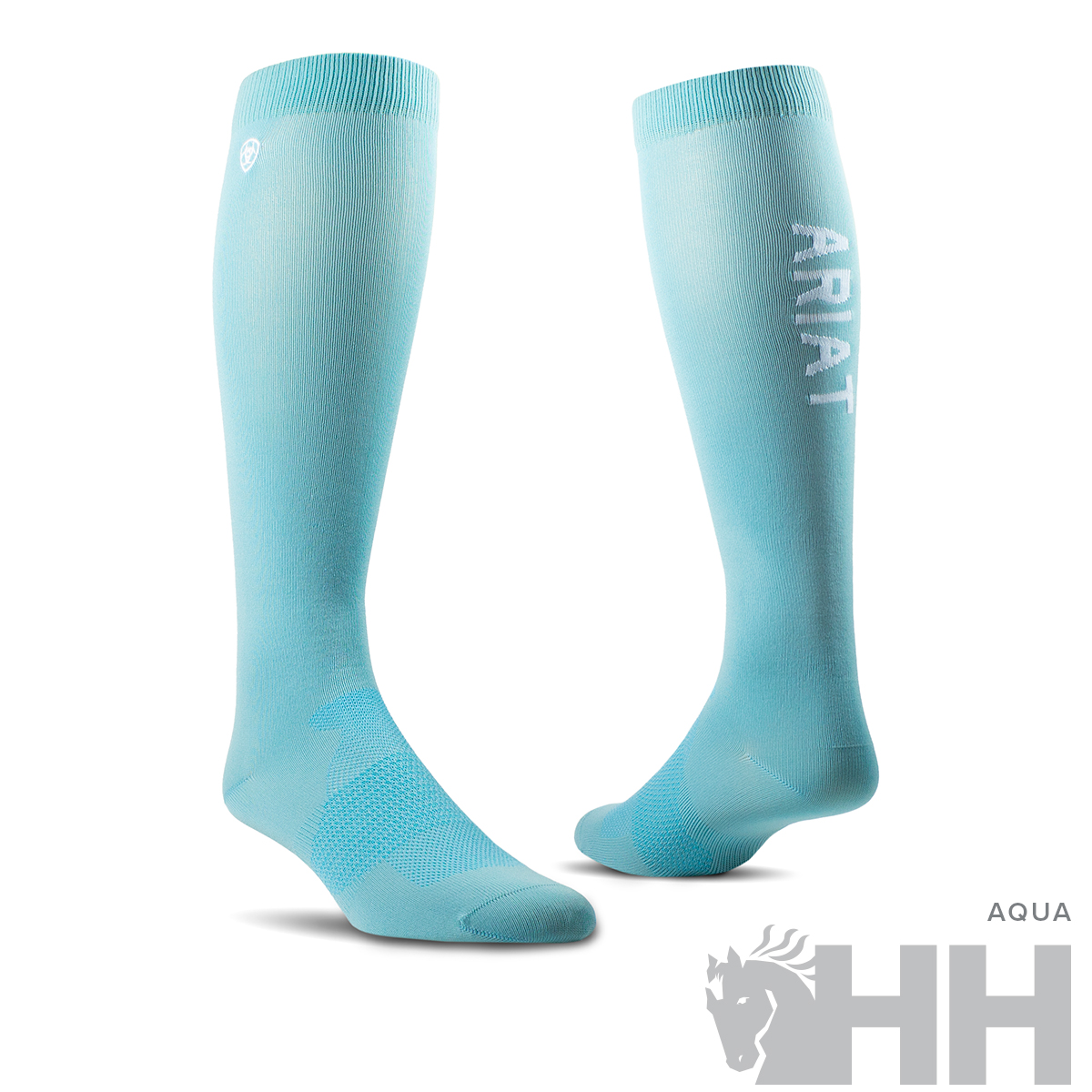 Meias azuis claras compridas com texto ARIAT branco