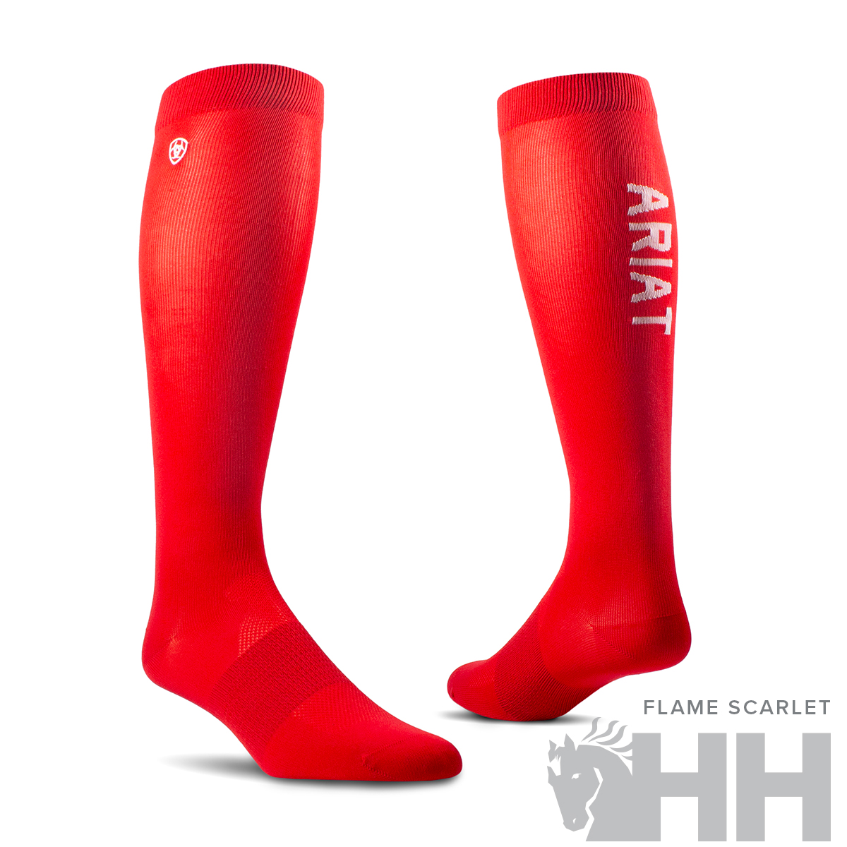 Meias vermelhas compridas com texto ARIAT em branco