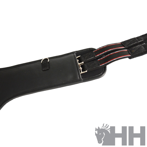 Correia para montar em pele preta com fivela metálica e faixas elásticas com linhas vermelhas