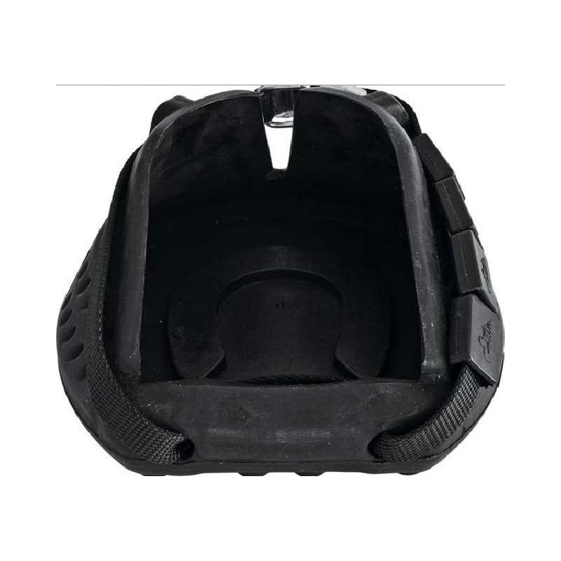 Protetor para casco de cavalo preto com alças e fechos, vista interior.