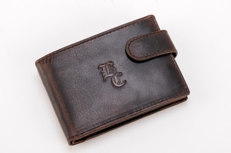 Carteira castanha escura de couro com fecho e logotipo BC