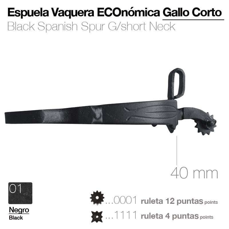 Espuela vaqueira preta com espora circular e pescoço curto