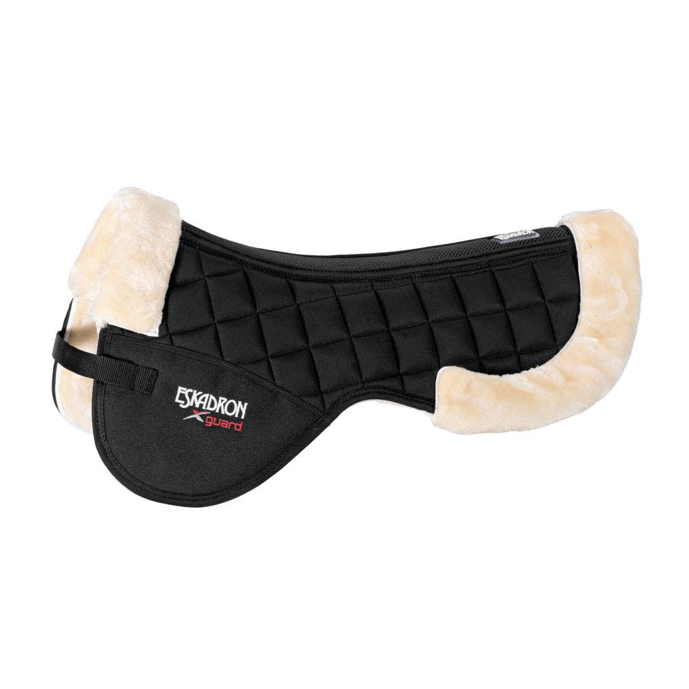 Protetor de sela preto com almofada quadrada e detalhes em pele bege com logo Eskadron guard