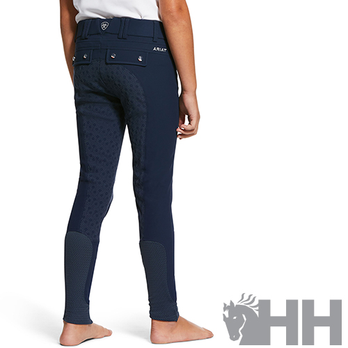 Calças de equitação azul escuro com bolsos e texturas distintas