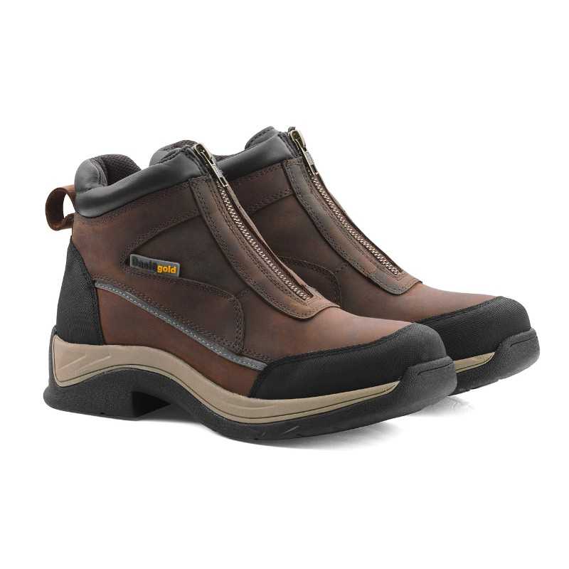 Botas castanhas com fecho de correr frontal e sola preta e bege