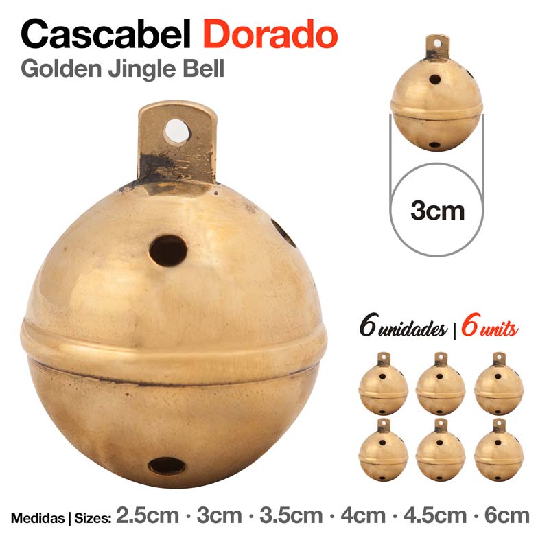 Cascavel dourado de metal com 3 cm e 6 unidades mostradas no fundo branco