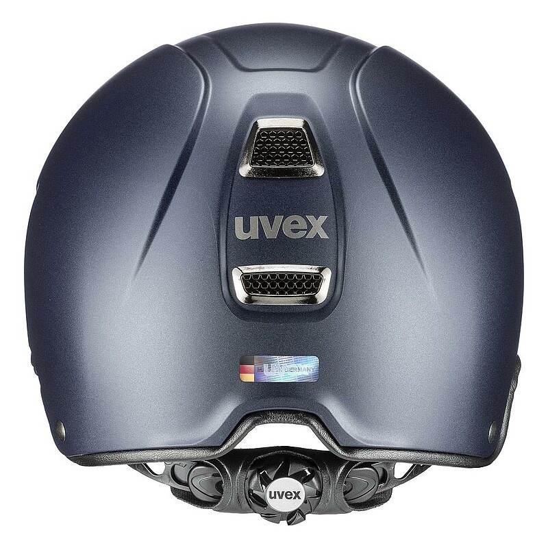 Capacete de proteção azul escuro metálico uvex com sistema de ventilação e ajuste traseiro