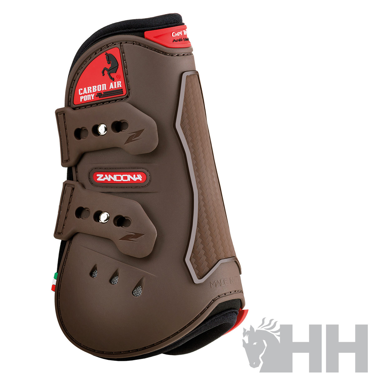 Proteção castanha para equitação com detalhes vermelhos e pretos e inscrições CARBON AIR PONY e ZANDONA