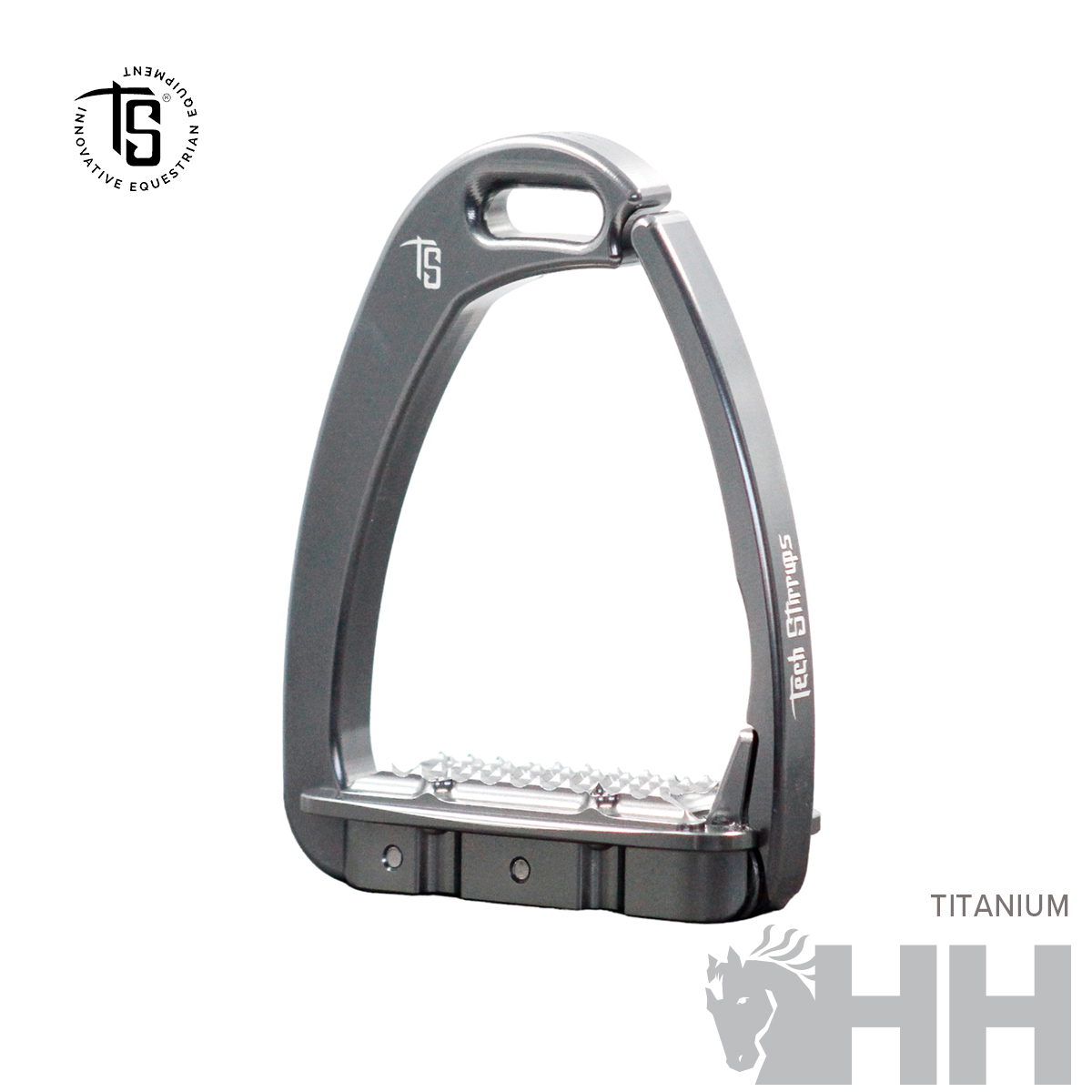 Espora de equitação em titânio cinzento com texto e logotipos