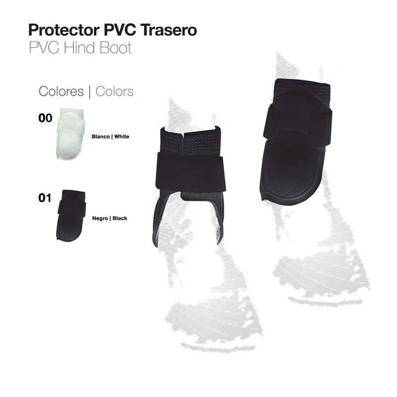 Protector PVC traseiro para cavalo em cores branco e preto com texto a indicar cores