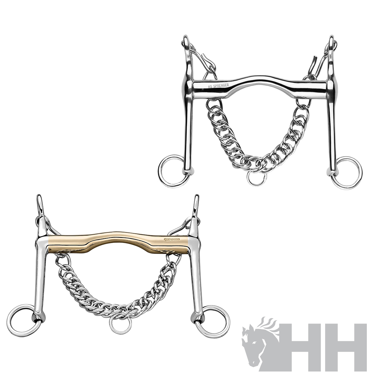 Dois freios metálicos para cavalo, um prateado e outro com bocal dourado, em fundo branco