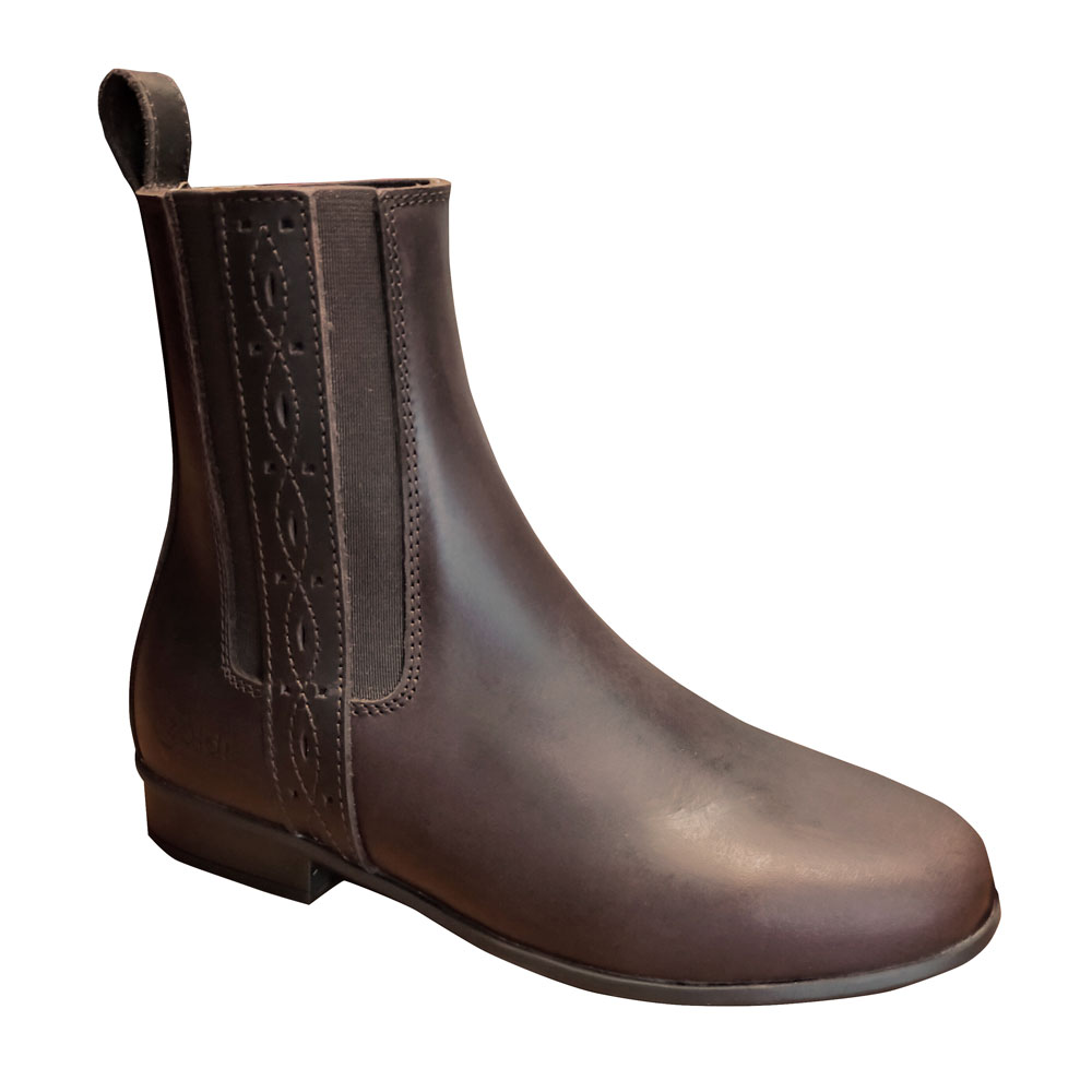 Bota Chelsea de pele castanha escura com padrão em relevo na lateral