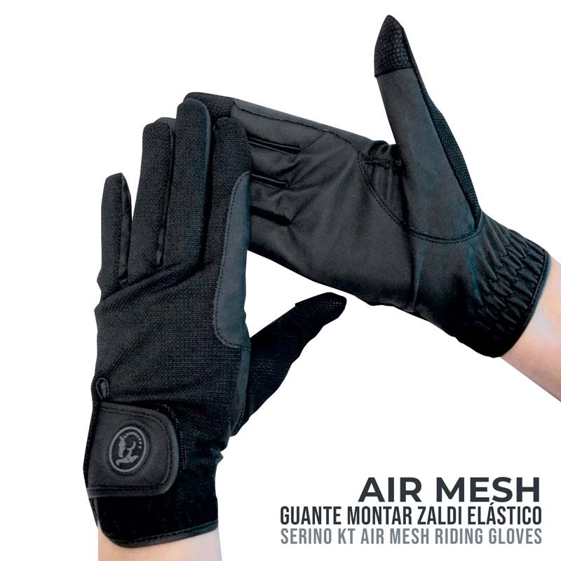 Luvas de montar elásticas negras com detalhes em mesh