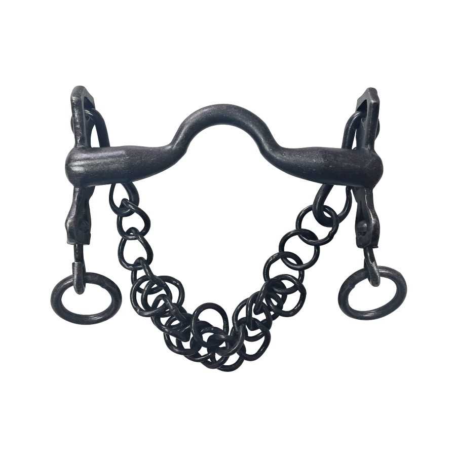 Freio de cavalo em metal preto com corrente e argolas