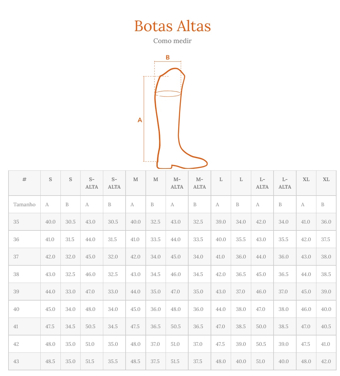 Tabela de medidas para Botas Altas com esquema de bota e tamanhos diversos