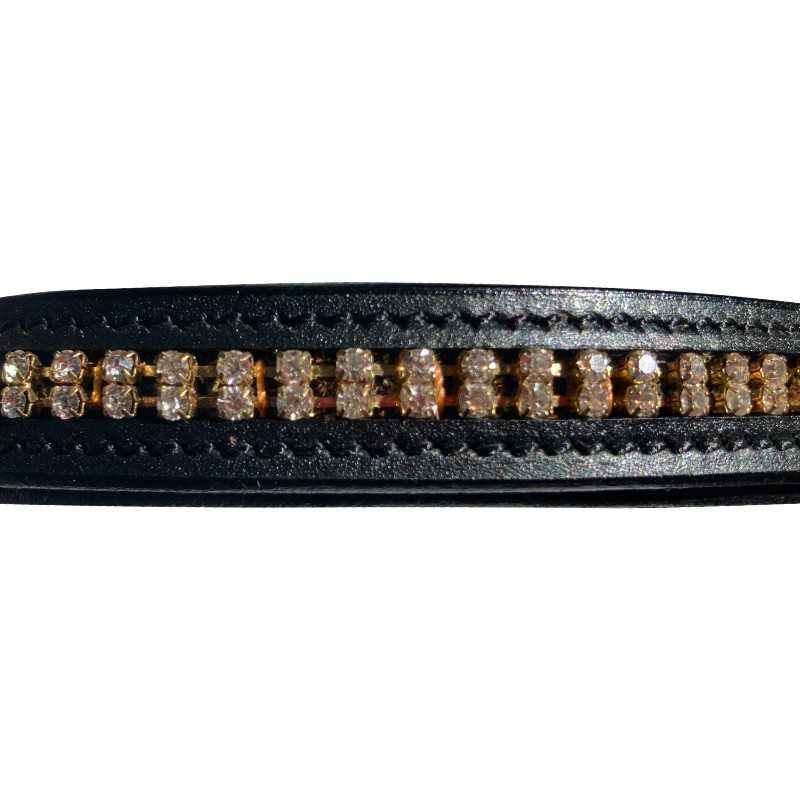 Faixa de couro preta com cristais transparentes e dourados embutidos