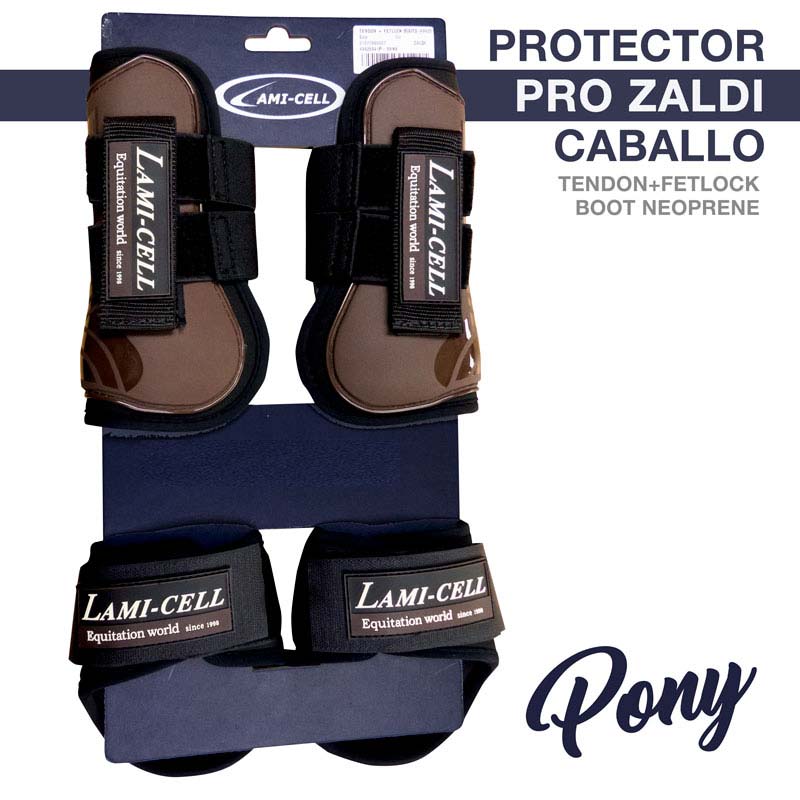 Conjunto de protetores Lami-Cell para cavalo em neoprene preto e castanho na embalagem azul