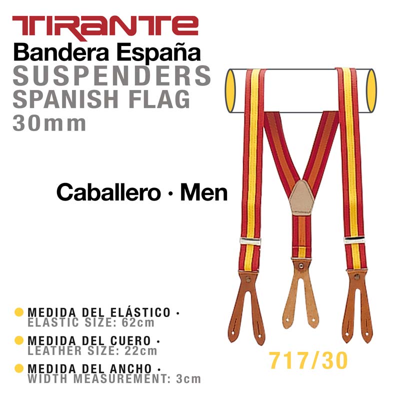 Suspensórios com padrão da bandeira da Espanha para homem, elástico e couro visíveis.