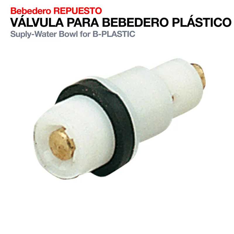 Válvula para bebedouro de plástico branca com pino metálico e anilha preta