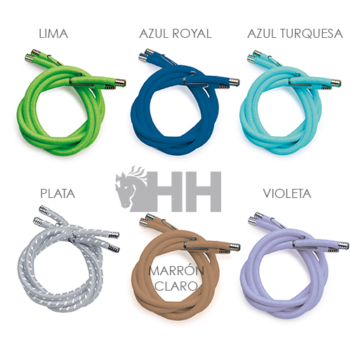 Seis cabos coloridos com textura trançada e pontas metálicas sobre fundo branco