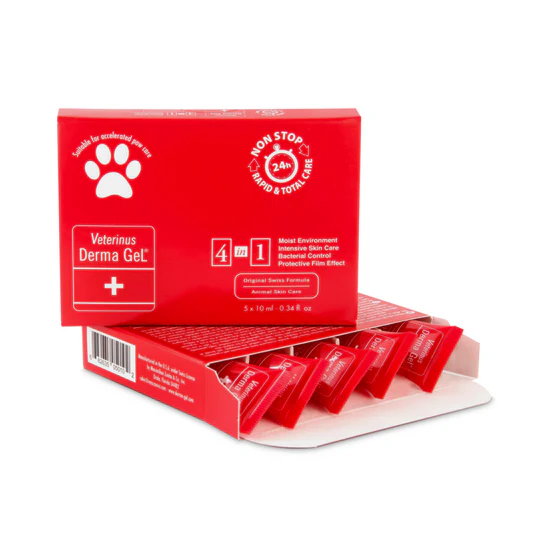 Caixa vermelha de produto Veterinus Derma GeL com cinco tubos visíveis
