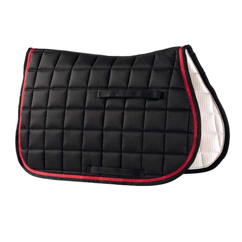 Protetor de sela para cavalo preto com rebordo vermelho e interior branco acolchoado