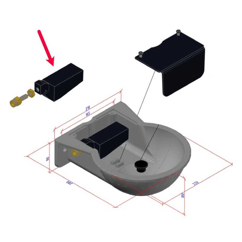 Desenho técnico de bebedouro automático para animais com componentes e dimensões.