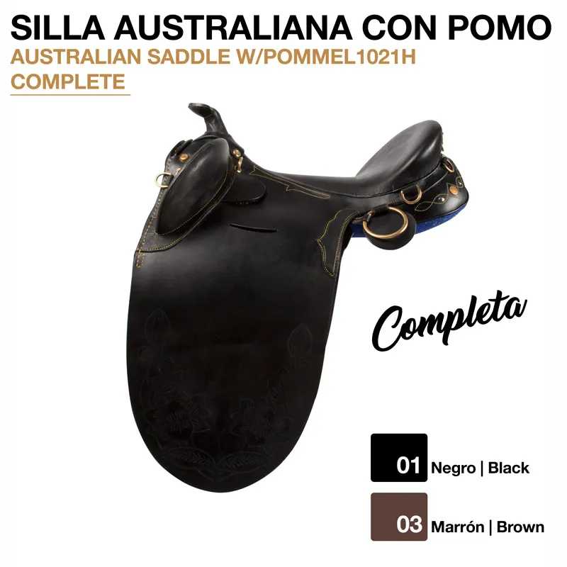 Sela australiana preta de couro com pomo e detalhes em dourado