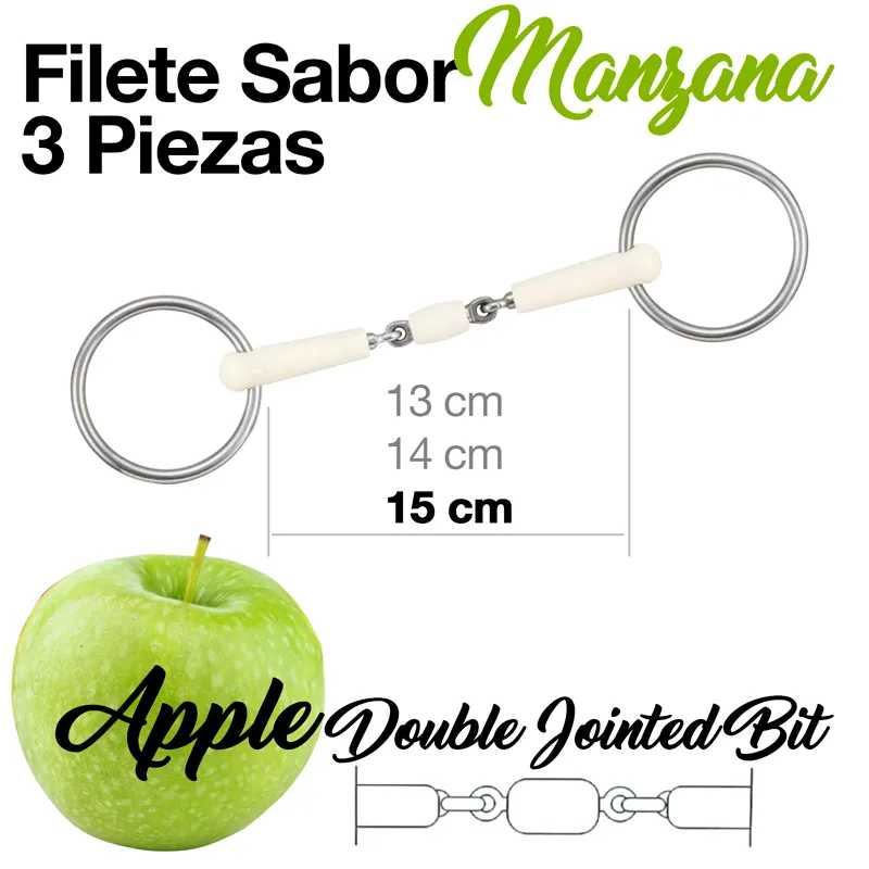 Freio de metal com duas articulações e argolas, texto em espanhol e inglês, maçã verde