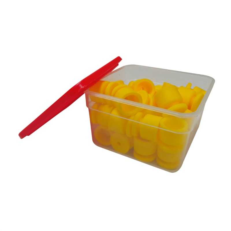 Recipiente plástico com tampa vermelha e separadores amarelos.