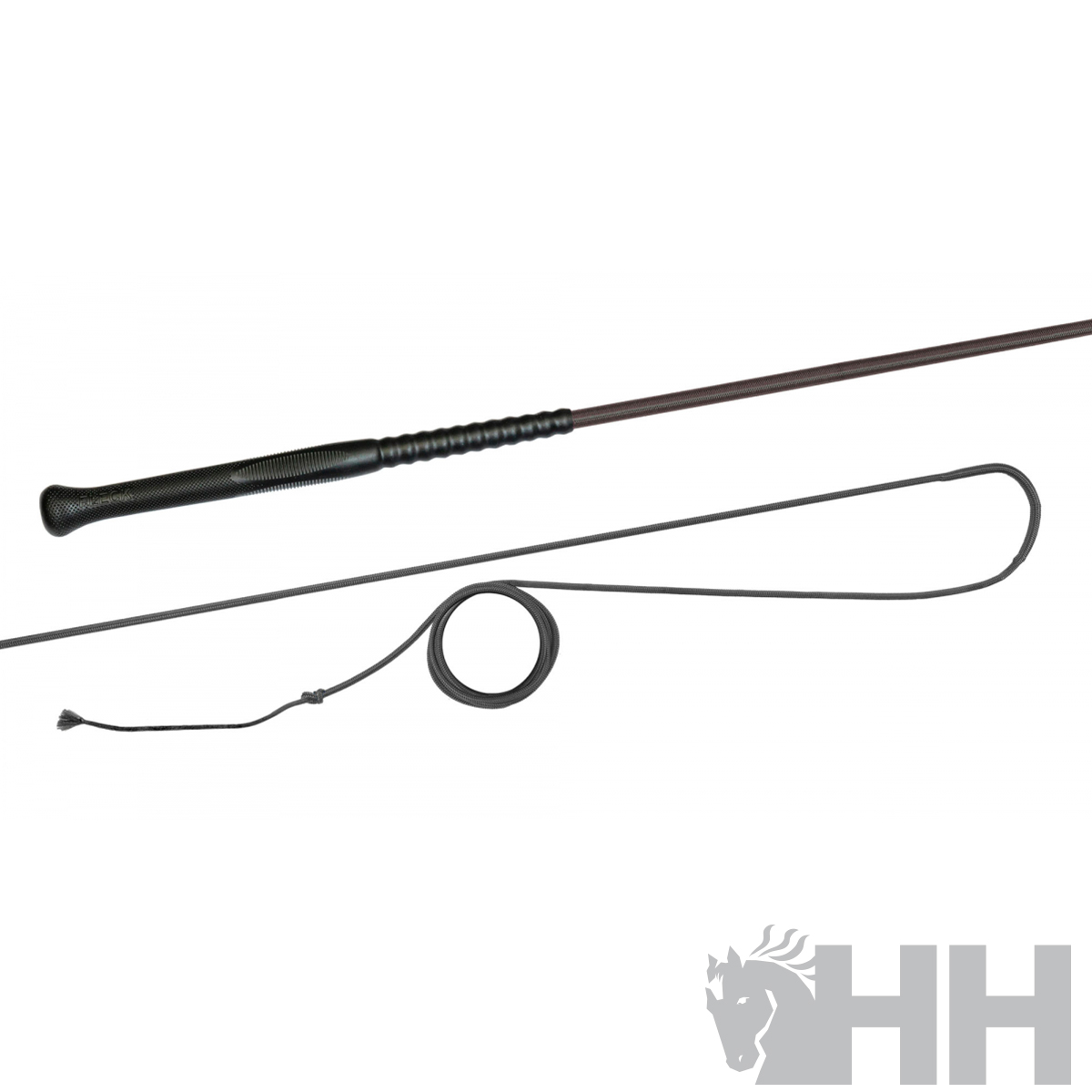 Chicote preto com pega texturizada e fio flexível sobre fundo branco