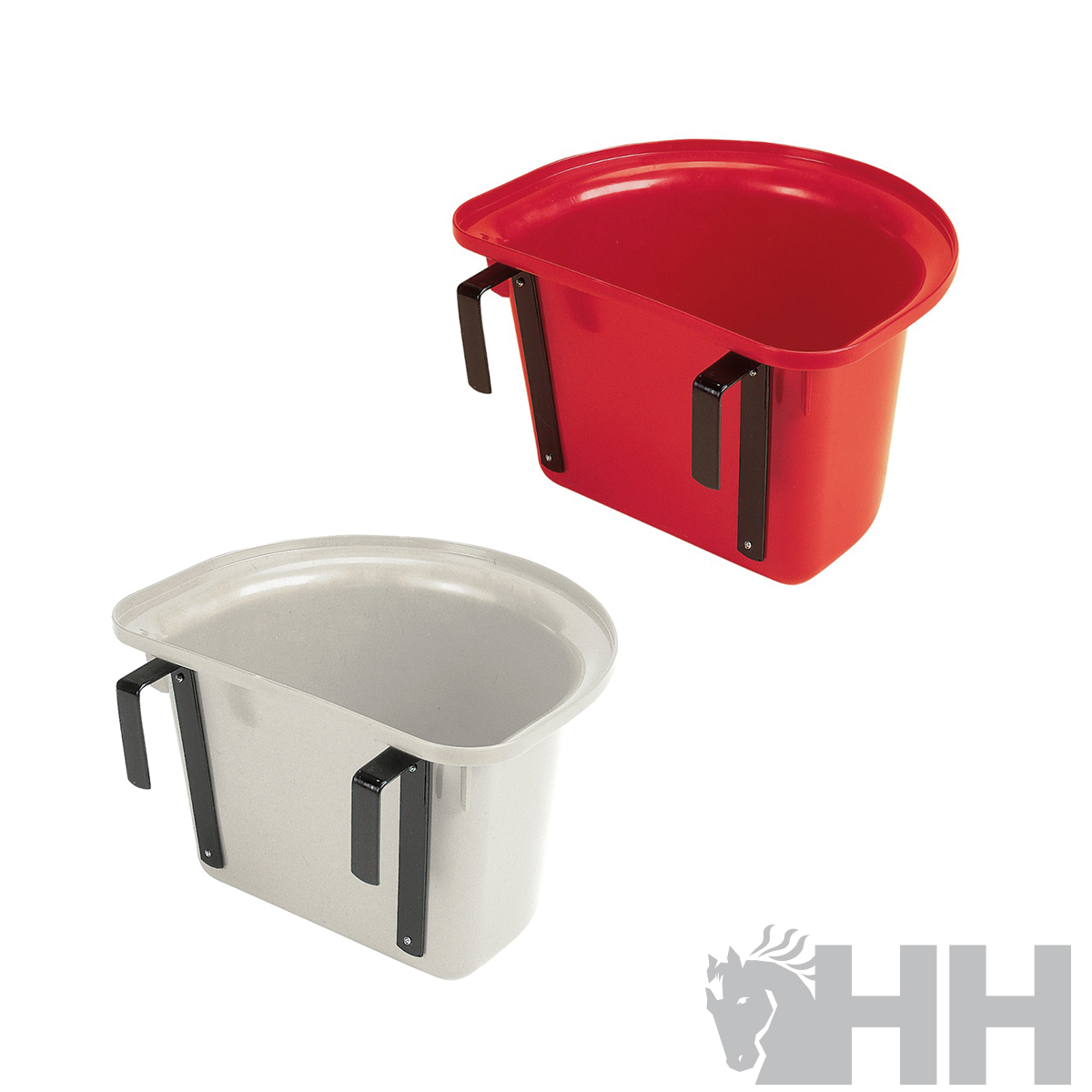 Dois baldes de plástico vermelho e cinzento com suportes metálicos pretos