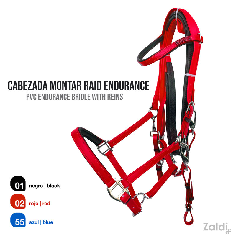 Cabeçada RAID ENDURANCE vermelha com rédeas, texto descritivo em fundo branco
