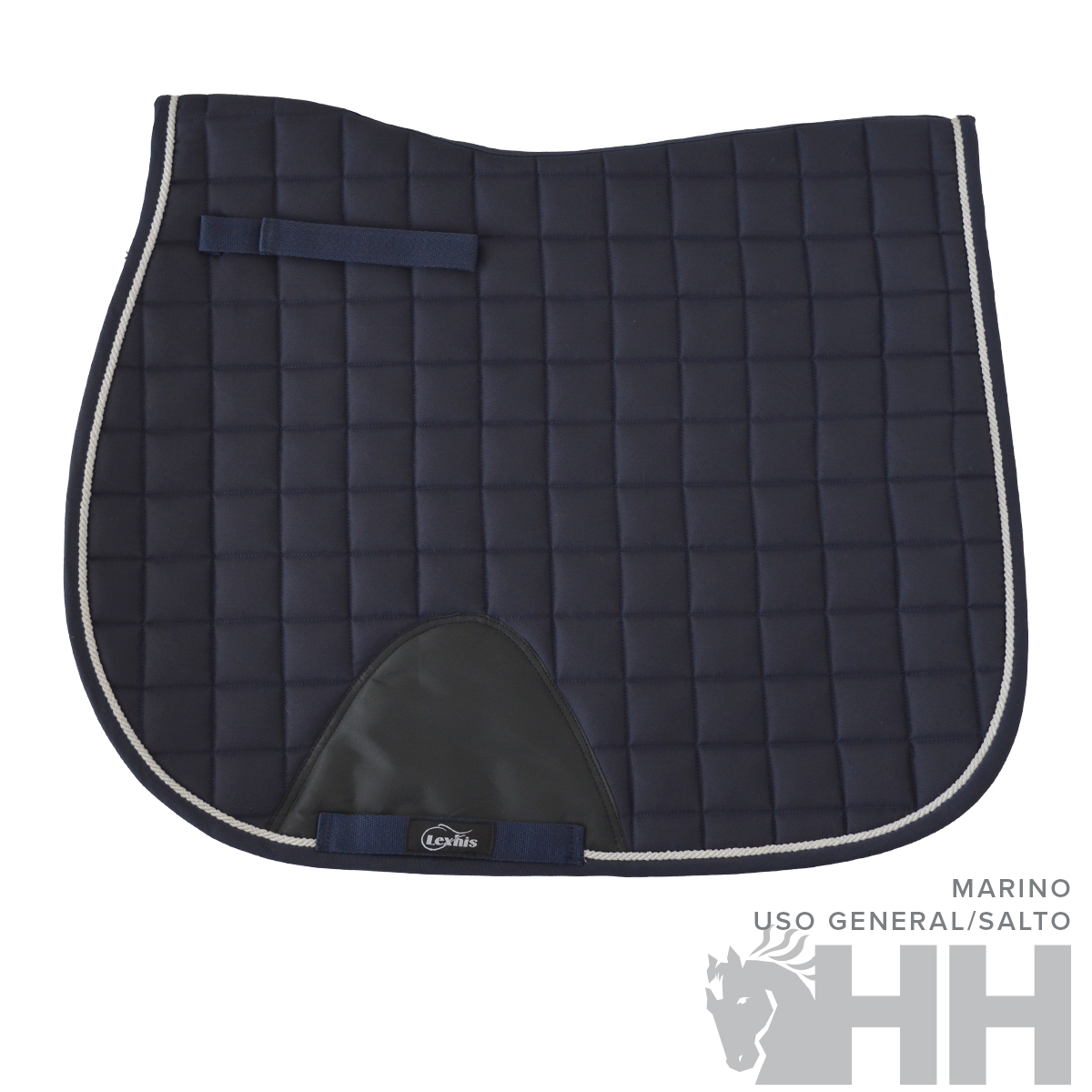 Manta de sela azul marinho com padrão quadriculado e reforço em couro preto