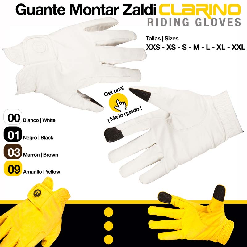 Luvas de montar Zaldi Clarino em branco e amarelo com detalhes pretos e etiquetas visíveis