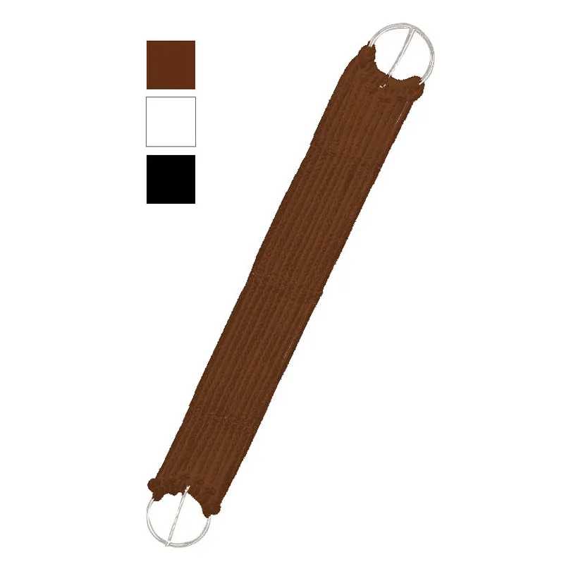 Tira de malha castanha com argolas metálicas e amostras de cores castanho, branco, preto