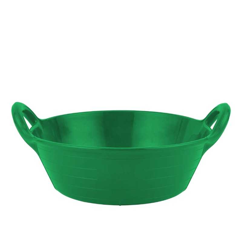 Tigela verde de plástico com duas pegas em fundo branco