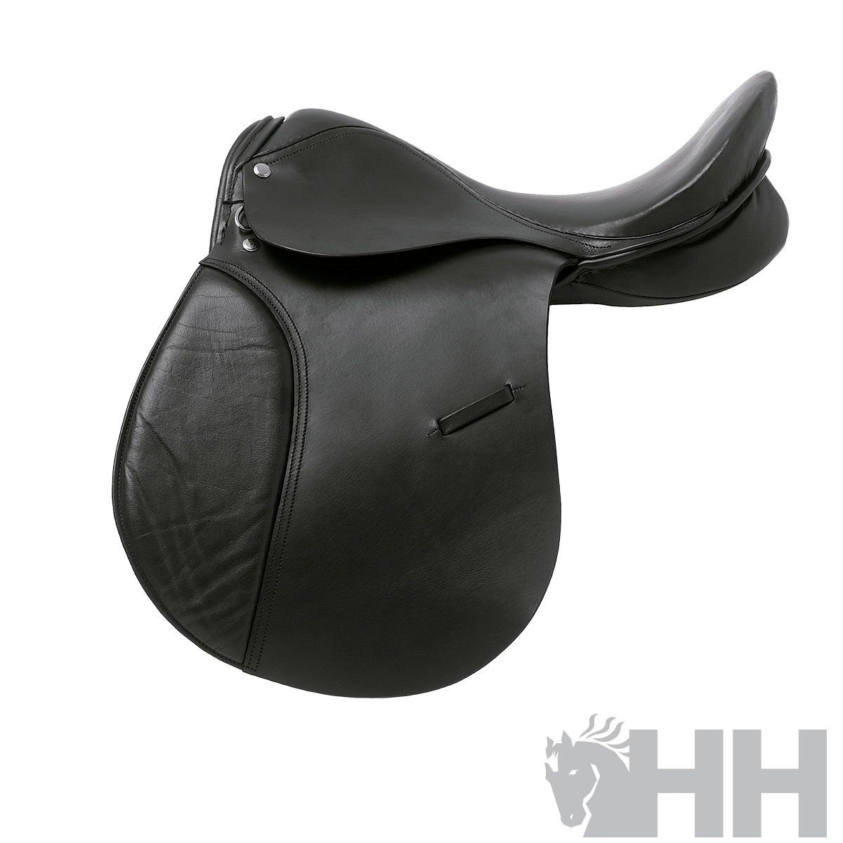 Sela de cavalo de couro preto sobre fundo branco