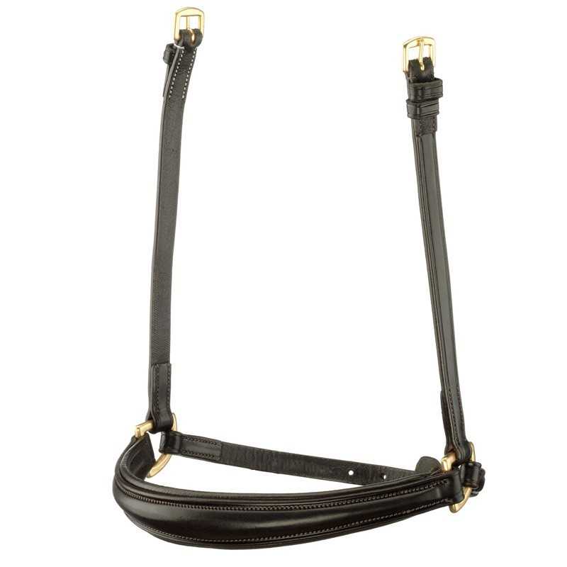 Cabeçada de cavalo em couro preto com fivelas douradas