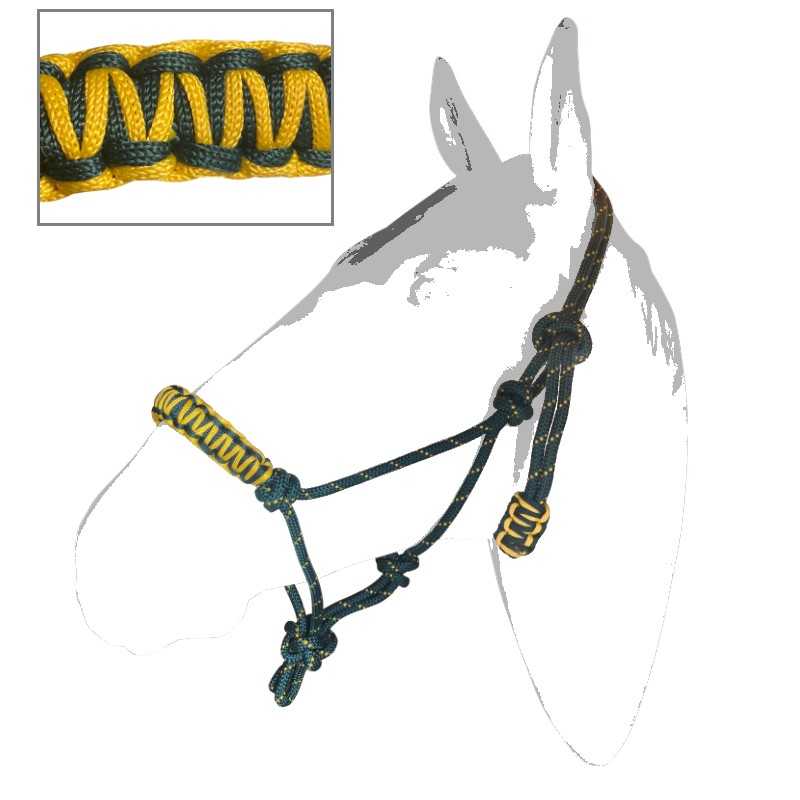 Cabresto para cavalo em corda preta e amarela num desenho de cavalo