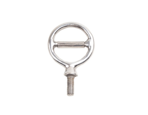 Mosquetão metálico prateado circular com barra horizontal e rosca de fixação