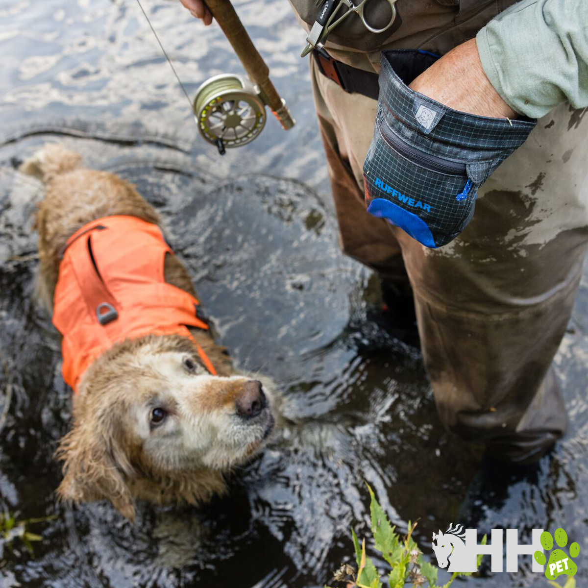 Cão com colete salva-vidas laranja na água perto de pessoa com luva IRONWEAR segurando cana de pesca
