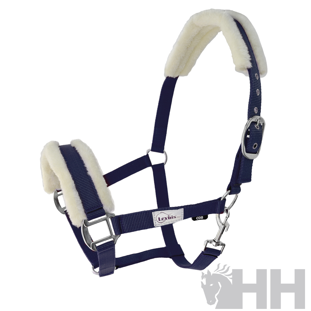 Cabresto azul com pelo sintético branco para cavalo
